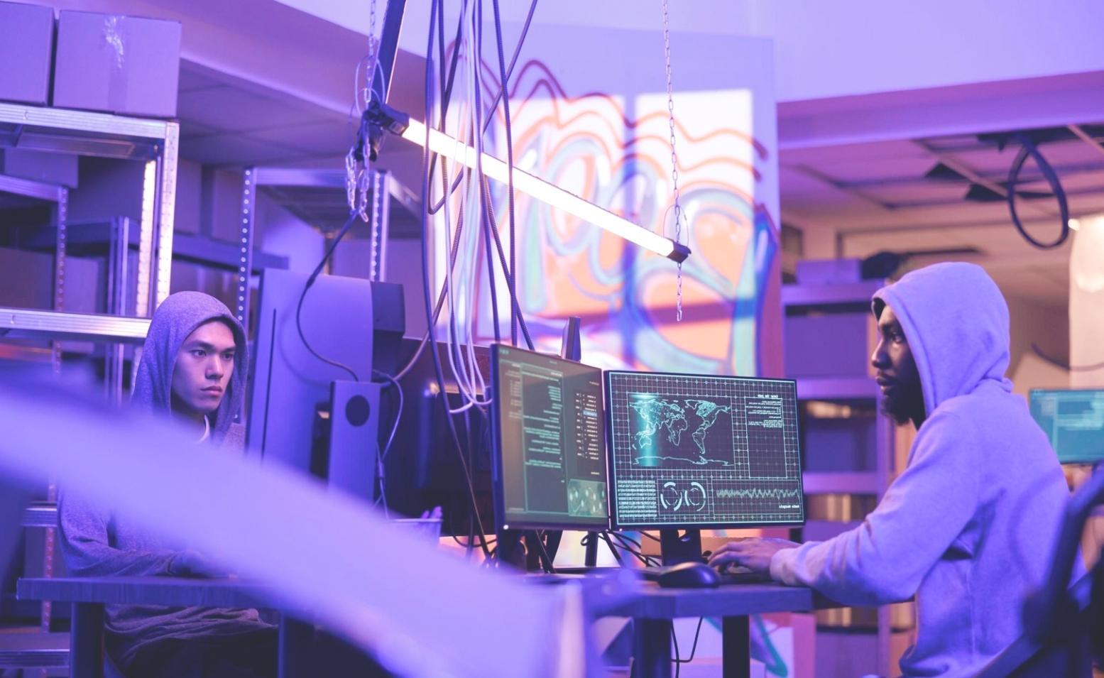 Students collaborating on web design projects with laptops and design sketches